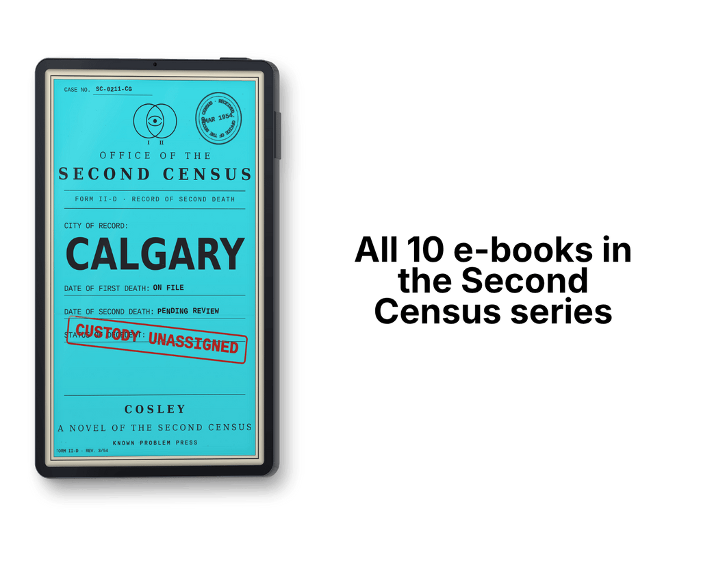 A black e-reader device displaying a book cover with a turquoise background and black text, shown next to the text 'All 10 e-books in the Second Census series' on a white background.