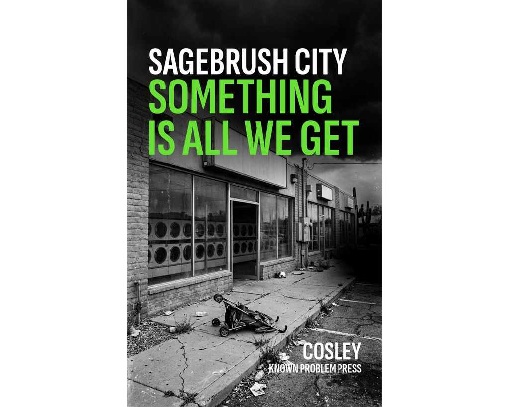 Book cover for 'Sagebrush City: Something Is All We Get' by Cosley, featuring a black and white photograph of a deserted storefront with a broken stroller on the sidewalk, with the title in bold white and green text.
