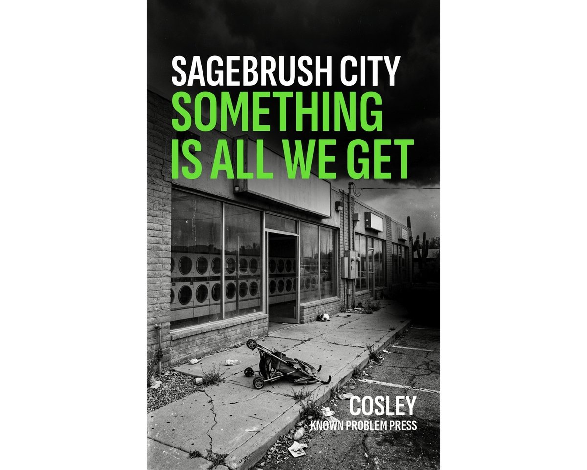 Book cover for 'Sagebrush City: Something Is All We Get' by Cosley, featuring a black and white photograph of a deserted storefront with a broken stroller on the sidewalk, with the title in bold white and green text.