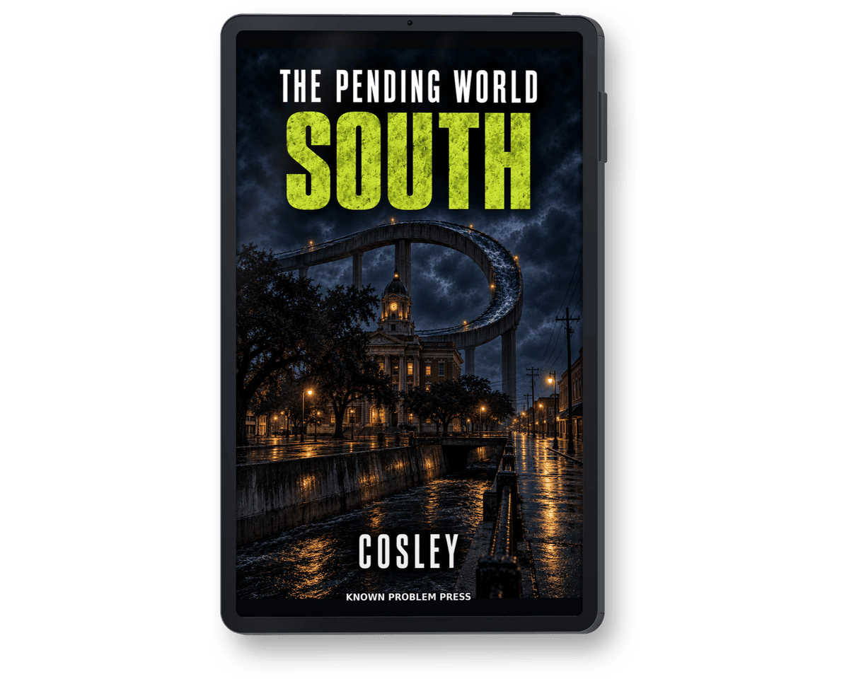 A black tablet device displaying the book cover of 'The Pending World: South' by Cosley, published by Known Problem Press, shown against a plain white background.