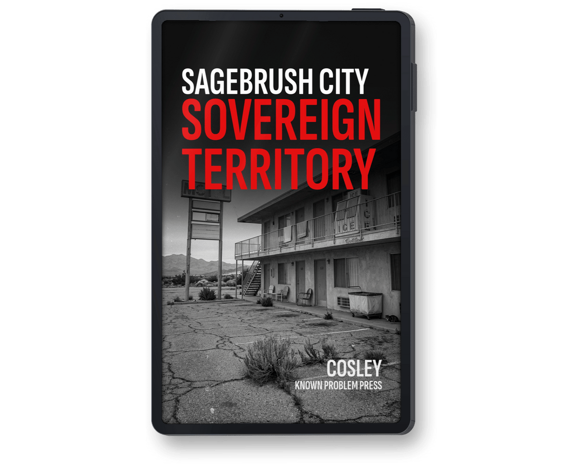 A black smartphone-style device centered on a light gray background, displaying a book cover titled "SAGEBRUSH CITY SOVEREIGN TERRITORY" with a black-and-white motel scene and the author name Cosley.