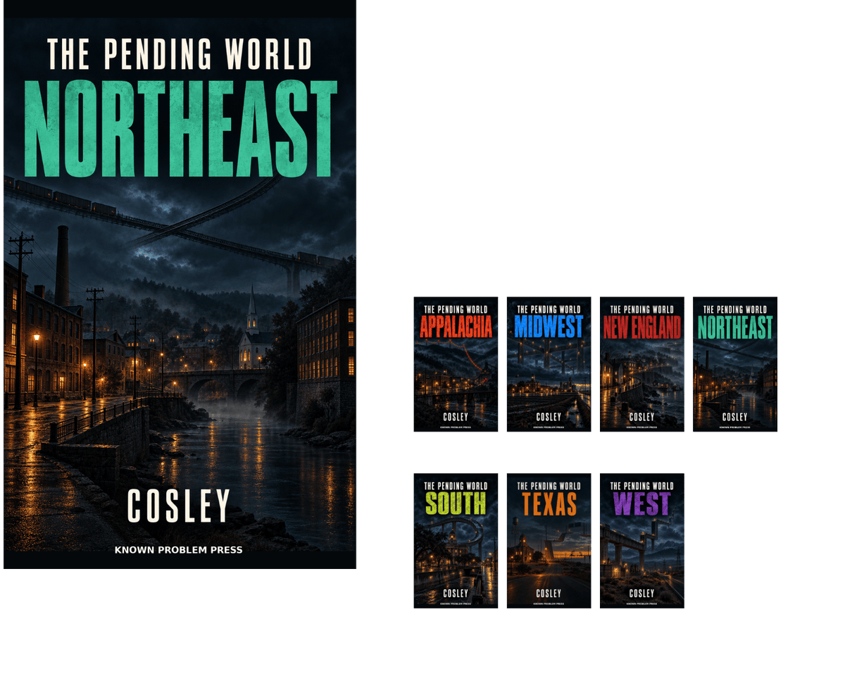 Book cover for 'The Pending World Northeast' by Cosley, shown alongside six additional book covers for other regions: Appalachia, Midwest, New England, Northeast, South, Texas, and West. The main cover features a dark moody city street scene at night with glowing streetlights and large teal title text.