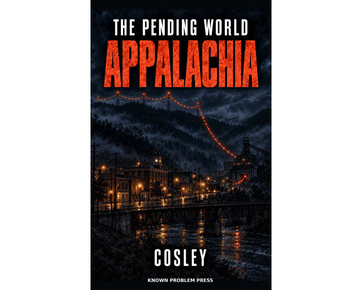 Book cover for 'The Pending World Appalachia' by Cosley, featuring a dark, misty industrial town scene with glowing orange lights and a bridge over water, with the title in large textured orange letters at the top.
