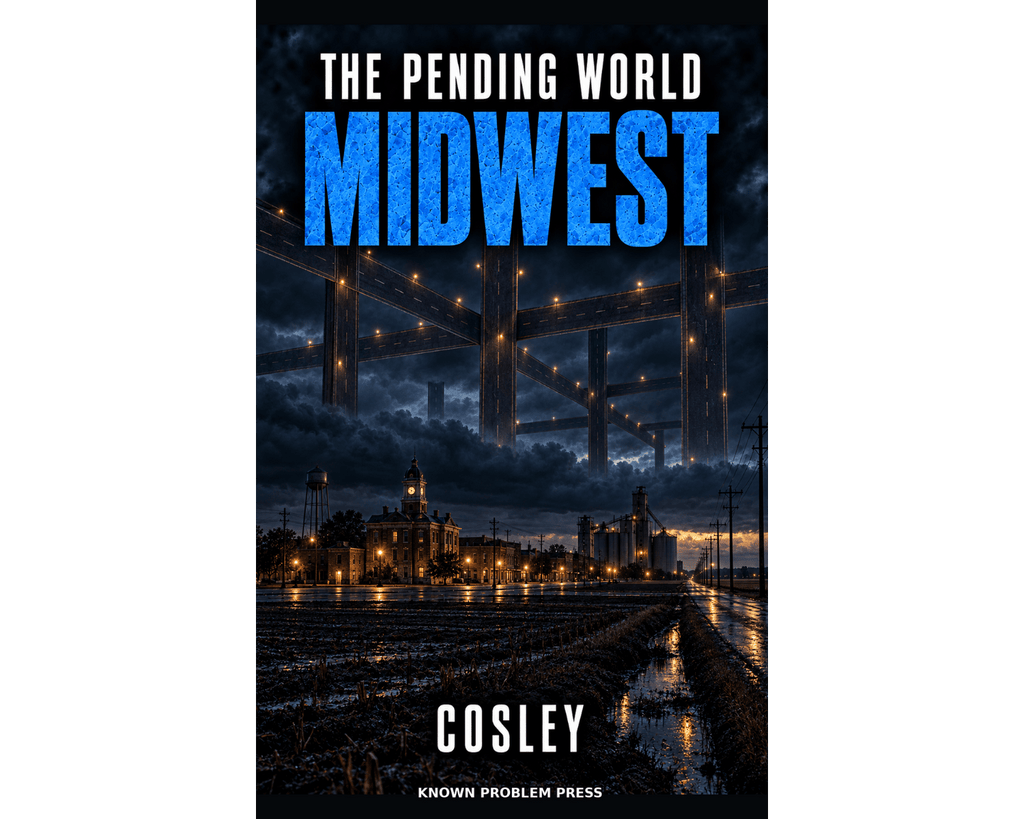 Book cover for 'The Pending World Midwest' by Cosley, published by Known Problem Press. The cover features a dark, moody night scene of a Midwest town with a large illuminated bridge over wet fields, with the title in bold white and blue text.