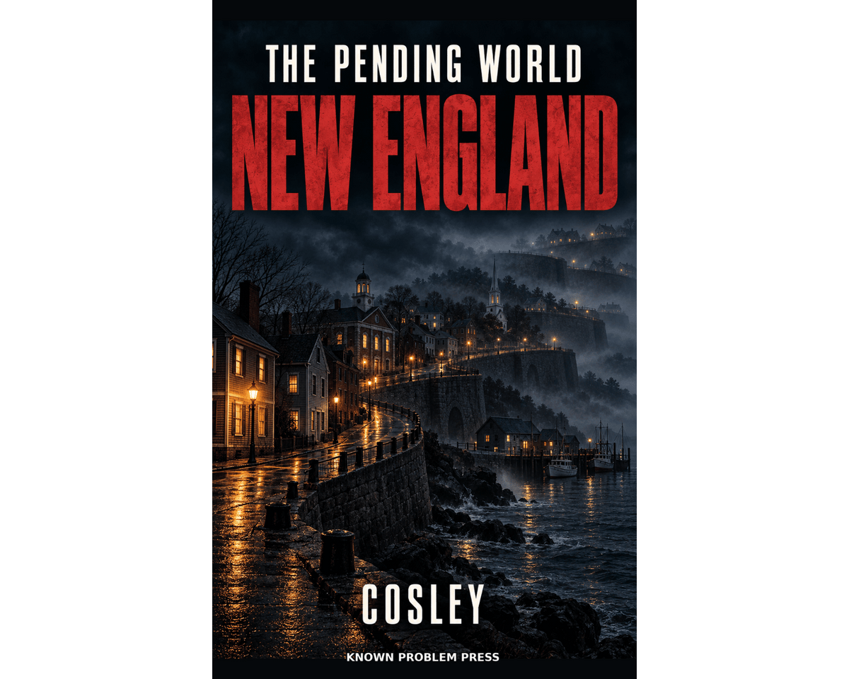 Book cover for 'The Pending World New England' by Cosley, featuring a dark, misty coastal town at night with glowing windows and a bridge over the water, with the title in large red letters.