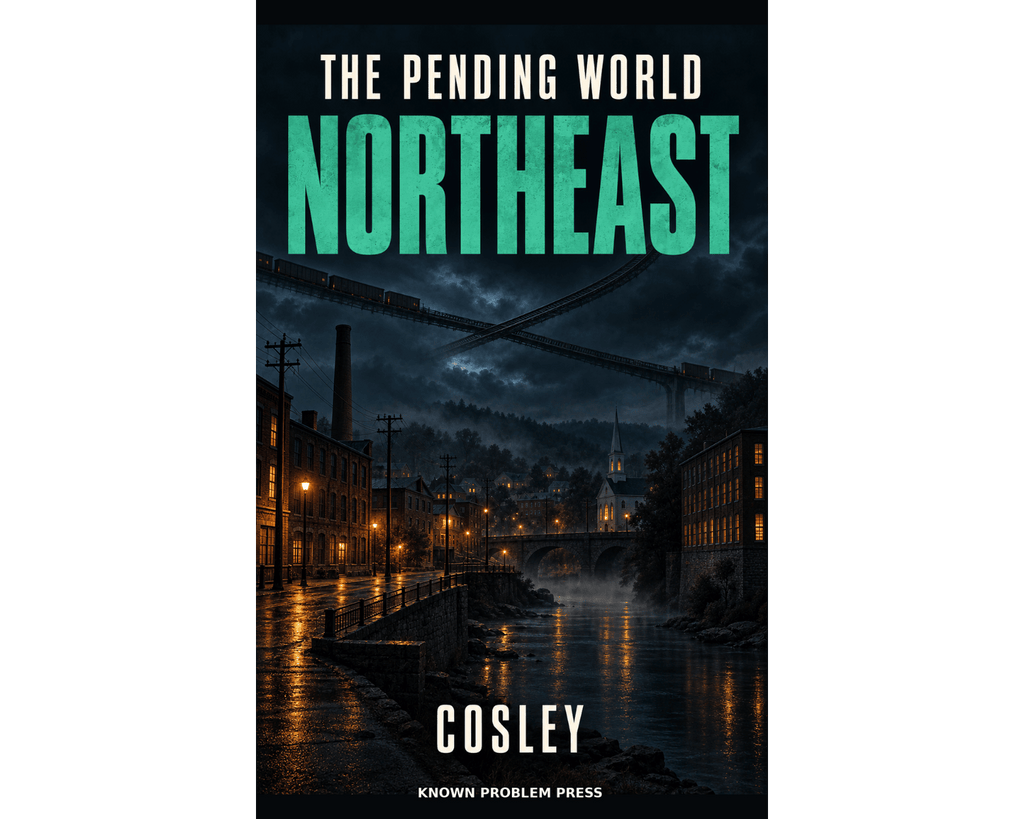 Book cover for 'The Pending World Northeast' by Cosley, published by Known Problem Press. The cover features a dark, moody illustration of a town street at night with a bridge, steam locomotive, and glowing windows, with the title in large teal letters.