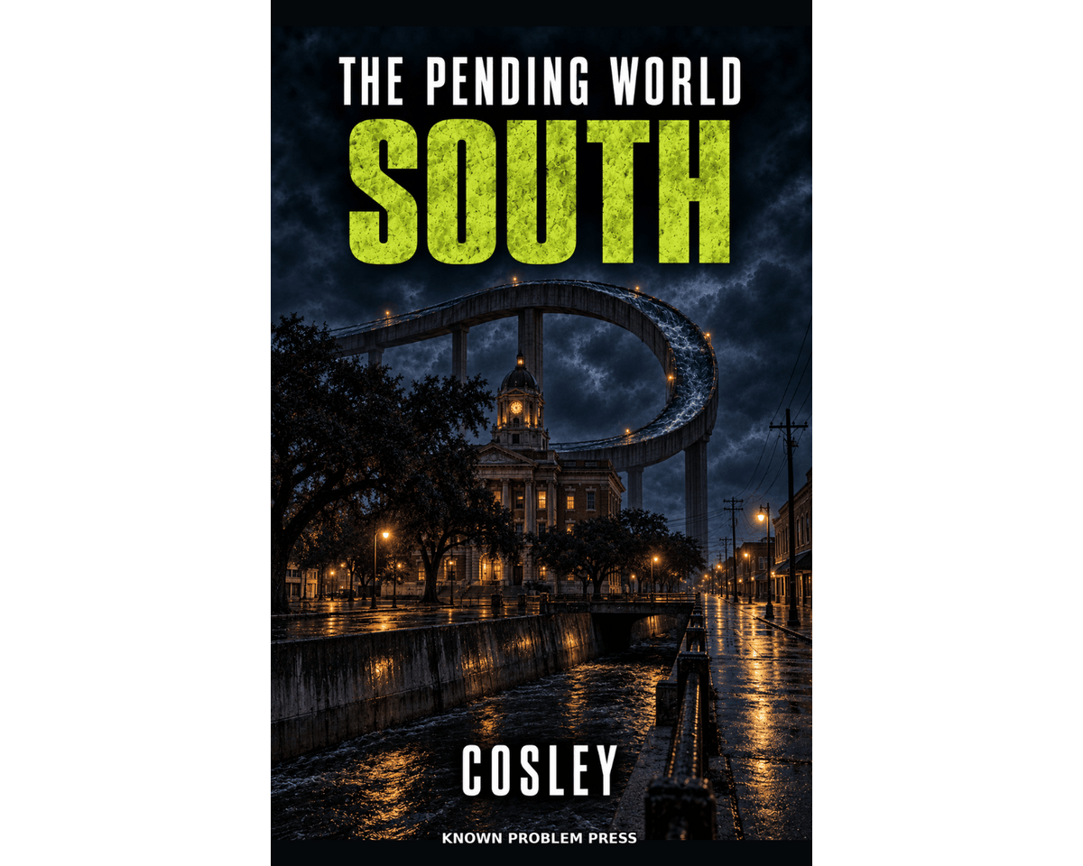Book cover for 'The Pending World South' by Cosley, published by Known Problem Press. The cover features a dark, moody photograph of the South Texas State Capitol building and the elevated rail line at night, with the title 'SOUTH' in a textured lime green font.