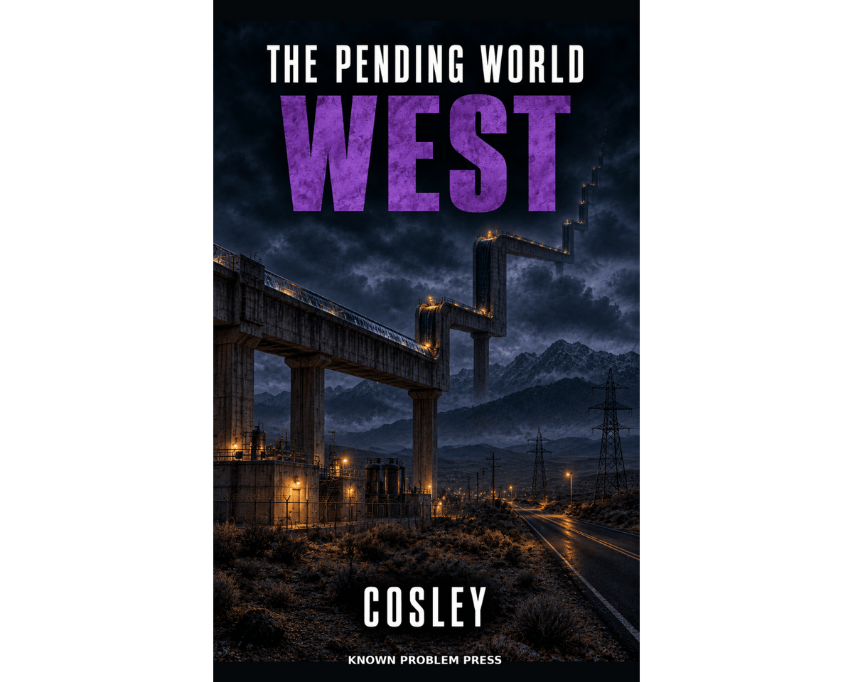 Book cover for 'The Pending World West' by Cosley, published by Known Problem Press. The cover features a dark, moody illustration of a highway bridge and road under a stormy sky, with the title 'WEST' in large purple textured letters.