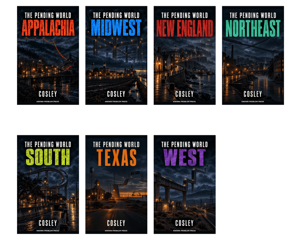 Seven book covers arranged in two rows on a white background. Each cover is titled "The Pending World" with a different region name in large colored text: Appalachia, Midwest, New England, Northeast, South, Texas, and West.
