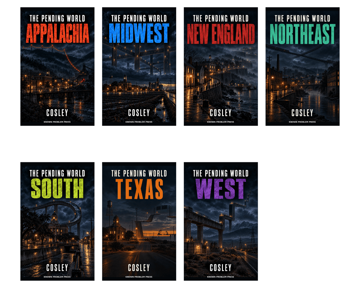 Seven book covers arranged in two rows on a white background. Each cover is titled "The Pending World" with a different region name in large colored text: Appalachia, Midwest, New England, Northeast, South, Texas, and West.