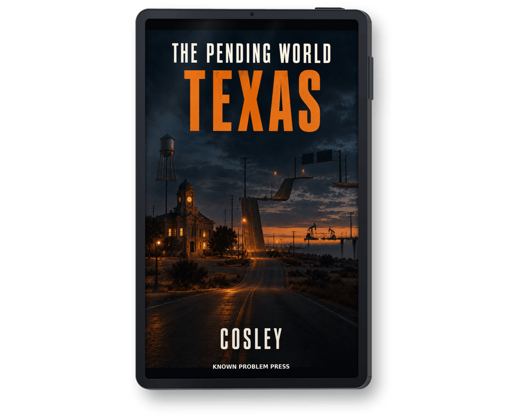 A black tablet device centered on a light gray background, displaying the book cover for 'The Pending World Texas' by Cosley, with Known Problem Press branding visible at the bottom.