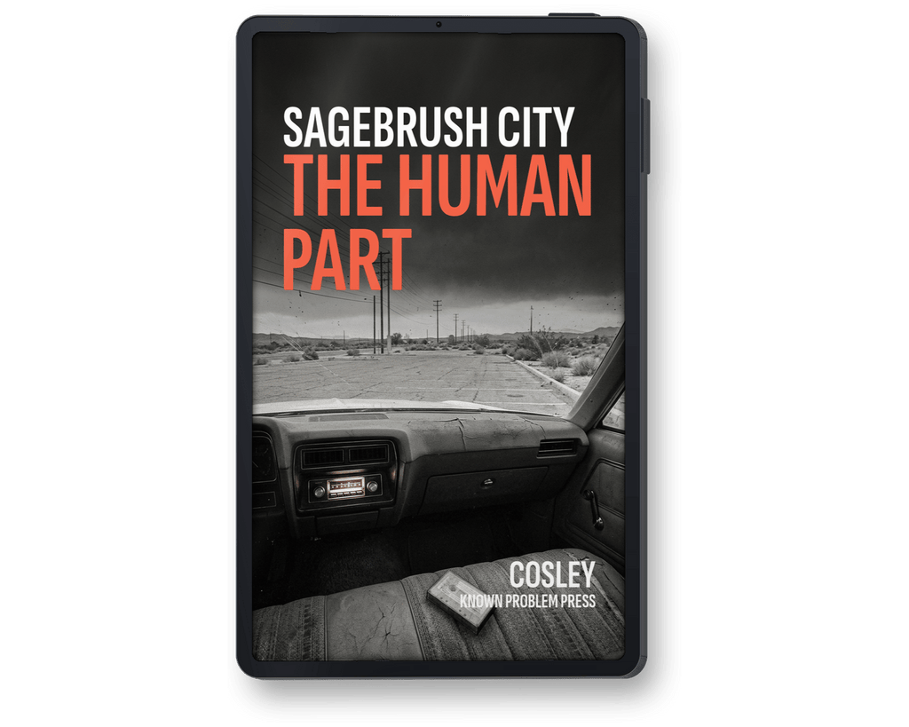 A black e-reader or book device shown upright on a white background, displaying the cover art for 'The Human Part' by Cosley from Known Problem Press. The cover features a black-and-white photo of an empty car interior with bold orange and white text reading 'SAGEBRUSH CITY THE HUMAN PART'.