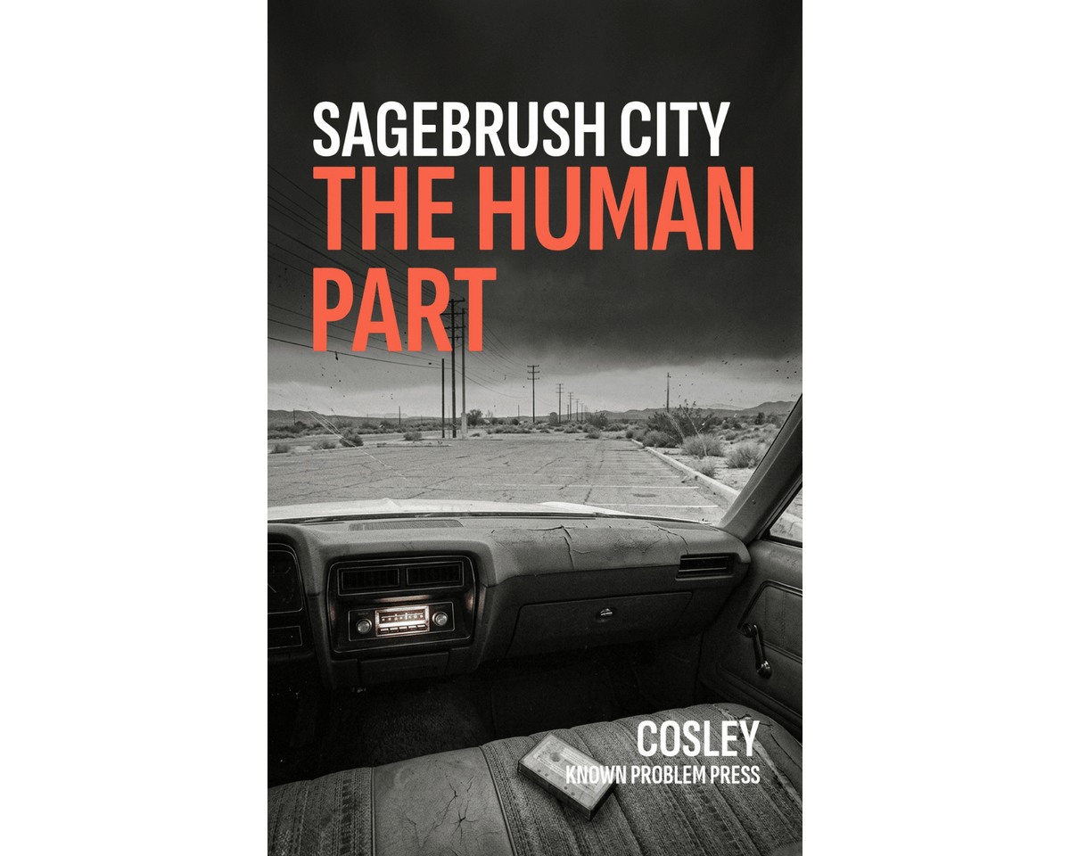 Book cover for 'Sagebrush City: The Human Part' by Cosley, published by Known Problem Press. The cover features a black and white photograph of a desolate desert road viewed from inside a car, with the title in bold white and orange text at the top.