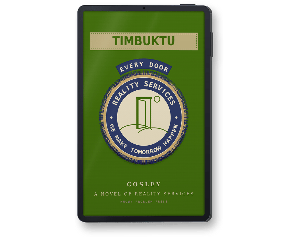 A black e-reader showing a book titled 'TIMBUKTU' by Cosley, displayed upright on a clean white background. The cover is predominantly olive green with a central circular logo featuring a blue border, cream background, and green door illustration, along with the text 'EVERY DOOR' and 'REALITY SERVICES'.