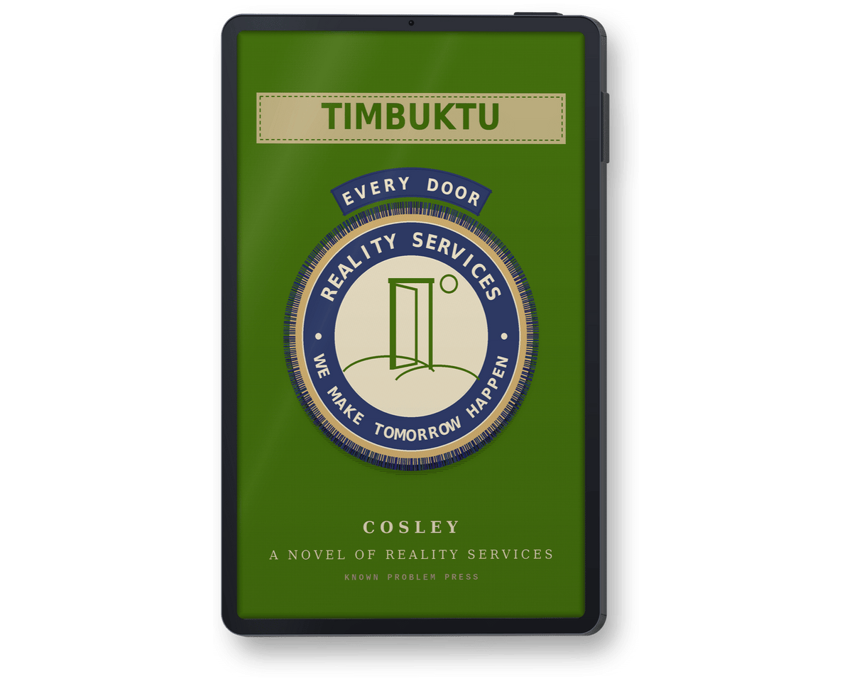 A black e-reader showing a book titled 'TIMBUKTU' by Cosley, displayed upright on a clean white background. The cover is predominantly olive green with a central circular logo featuring a blue border, cream background, and green door illustration, along with the text 'EVERY DOOR' and 'REALITY SERVICES'.