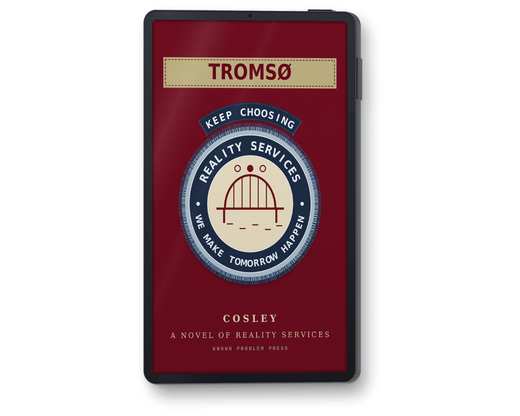 A black e-reader showing book titled 'Tromso' by Cosley, displayed vertically against a plain white background. The book cover features a deep red background with a central circular graphic containing a bridge illustration and the text 'Reality Services'.
