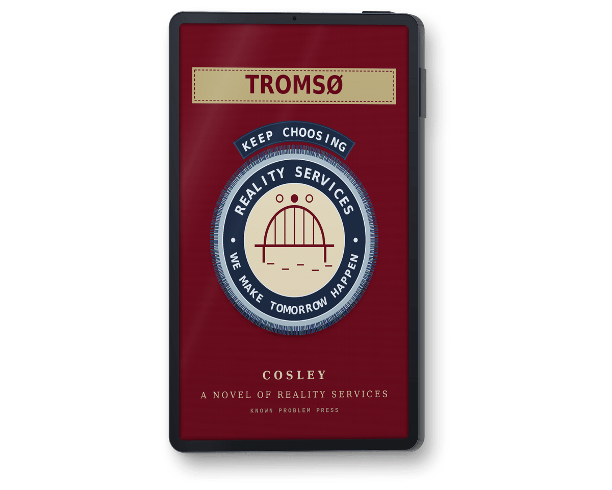 A black e-reader showing book titled 'Tromso' by Cosley, displayed vertically against a plain white background. The book cover features a deep red background with a central circular graphic containing a bridge illustration and the text 'Reality Services'.