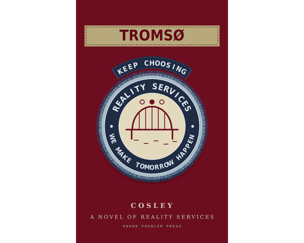 Book cover for 'Tromsø' by Cosley, featuring a deep red background with a central circular emblem in cream, navy, and red, and the title 'TROMSØ' at the top.