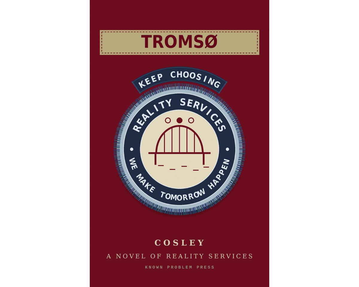 Book cover for 'Tromsø' by Cosley, featuring a deep red background with a central circular emblem in cream, navy, and red, and the title 'TROMSØ' at the top.