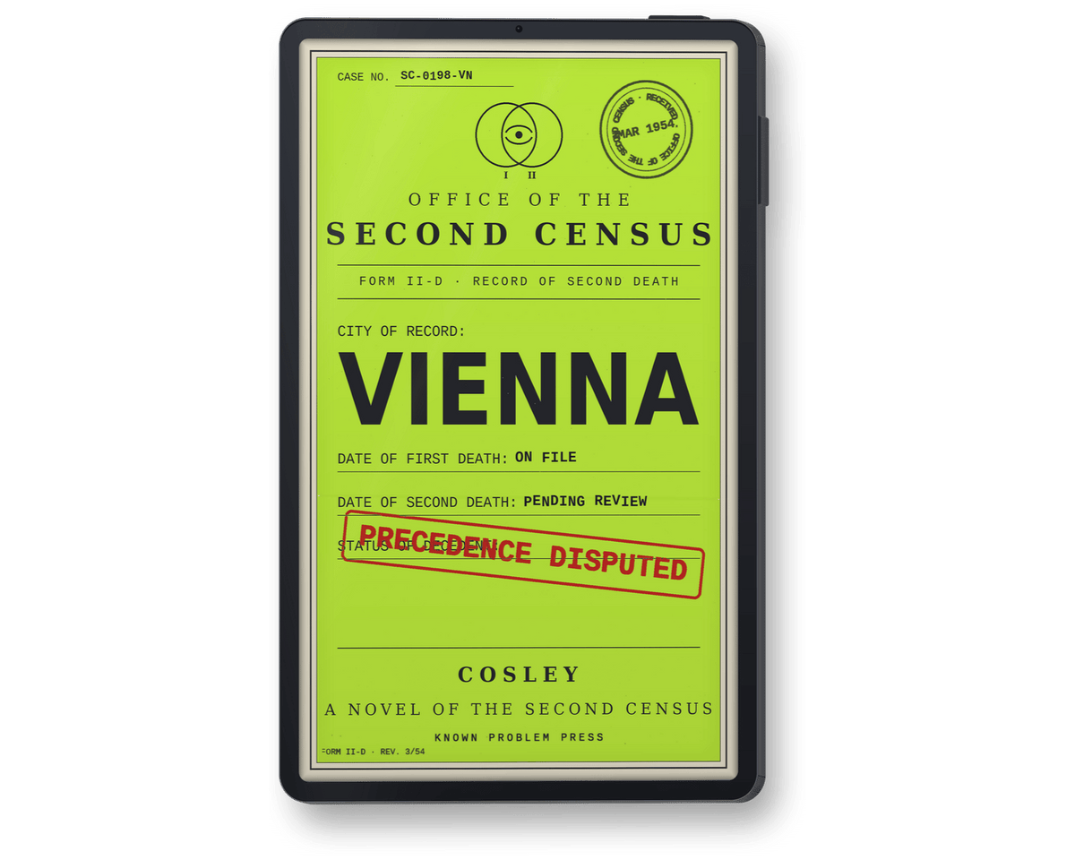 A black e-reader showing a bright lime-green cover for 'Vienna: A Novel of the Second Census' by Cosley