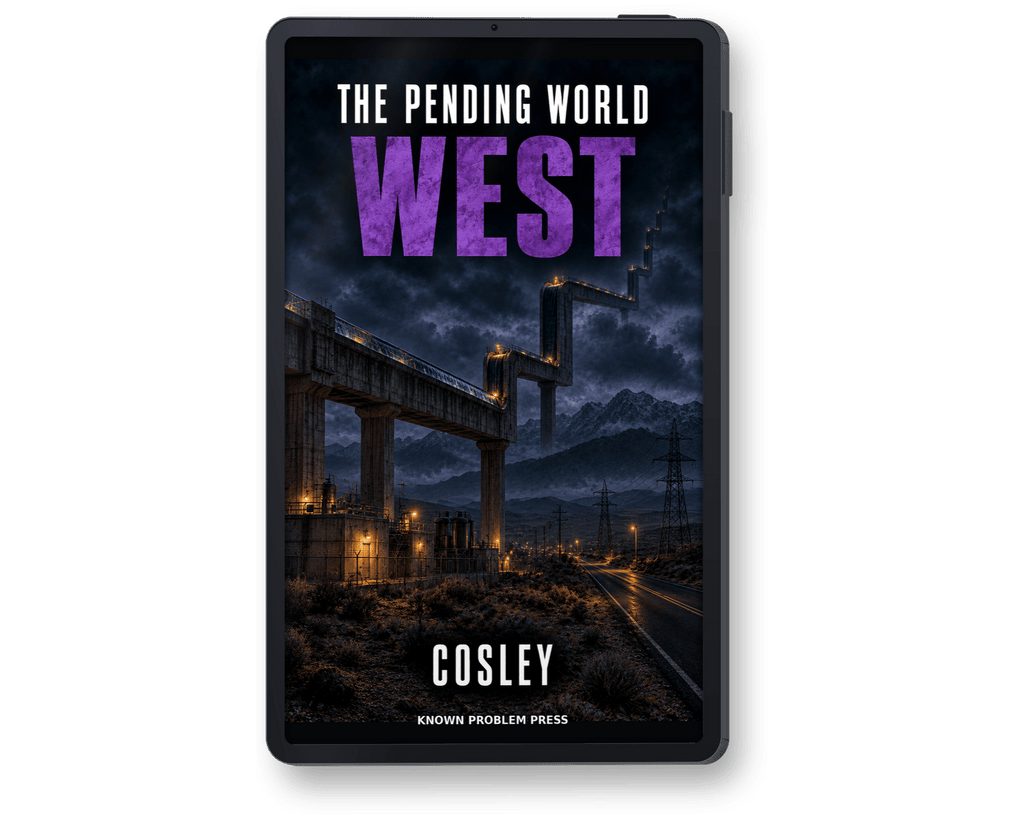 A black tablet device displaying the book cover of 'The Pending World: West' by Cosley, published by Known Problem Press, shown against a plain white background.