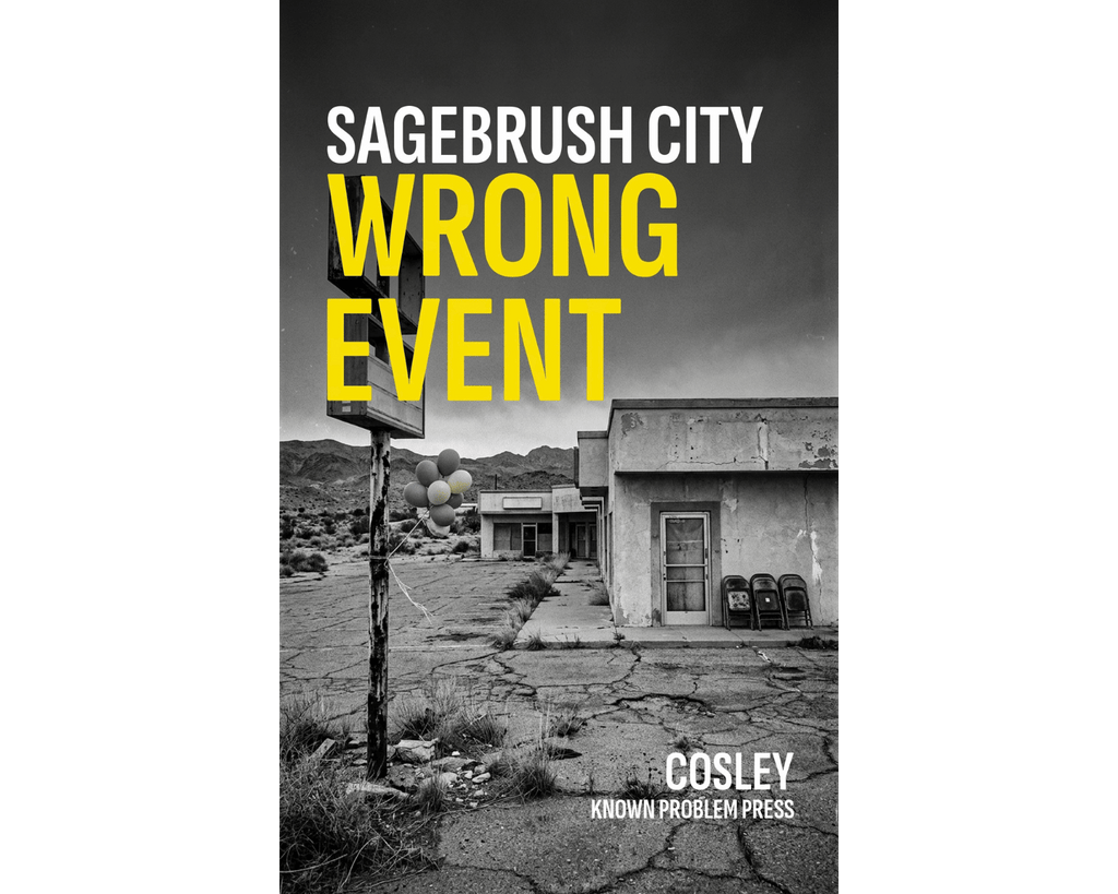 Book cover for 'Sagebrush City Wrong Event' by Cosley, published by Known Problem Press. The cover features a black and white photograph of a deserted motel in a desert landscape, with the title in bold white and yellow text.