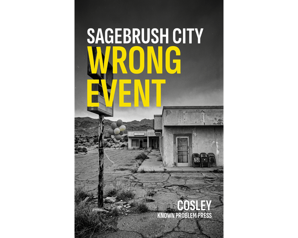 Book cover for 'Sagebrush City Wrong Event' by Cosley, published by Known Problem Press. The cover features a black and white photograph of a deserted motel in a desert landscape, with the title in bold white and yellow text.